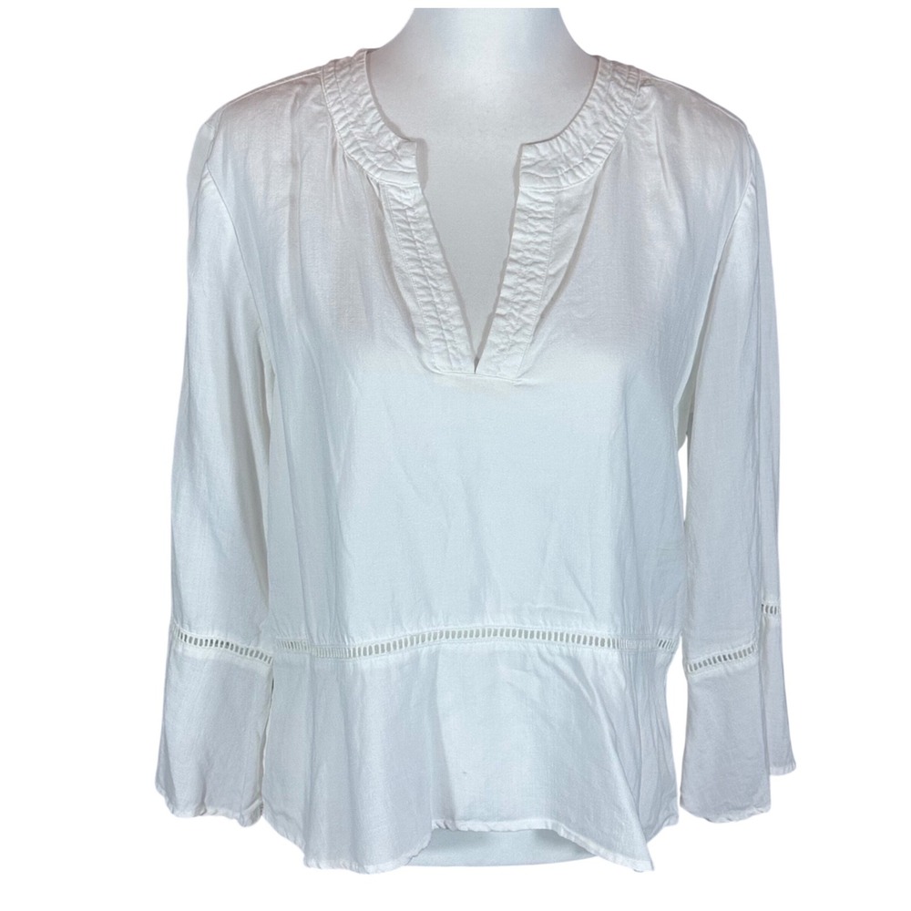 Cloth & Stone Blouse Womens Medium White‎ Split Neck Ladder Trim Peplum Top